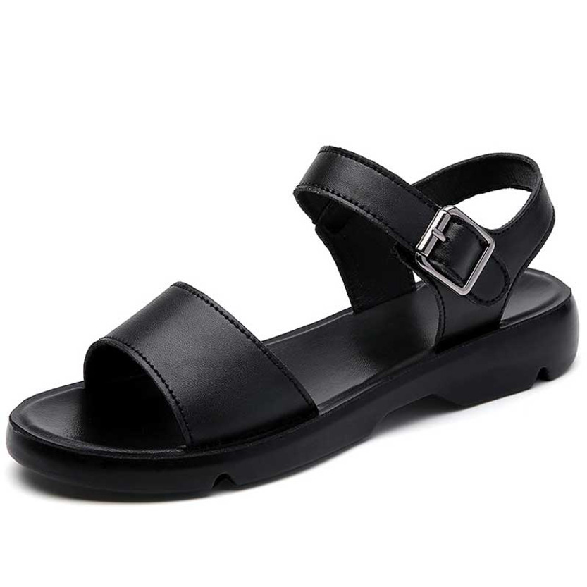 Women's black plain open toe buckle velcro shoe sandal 01