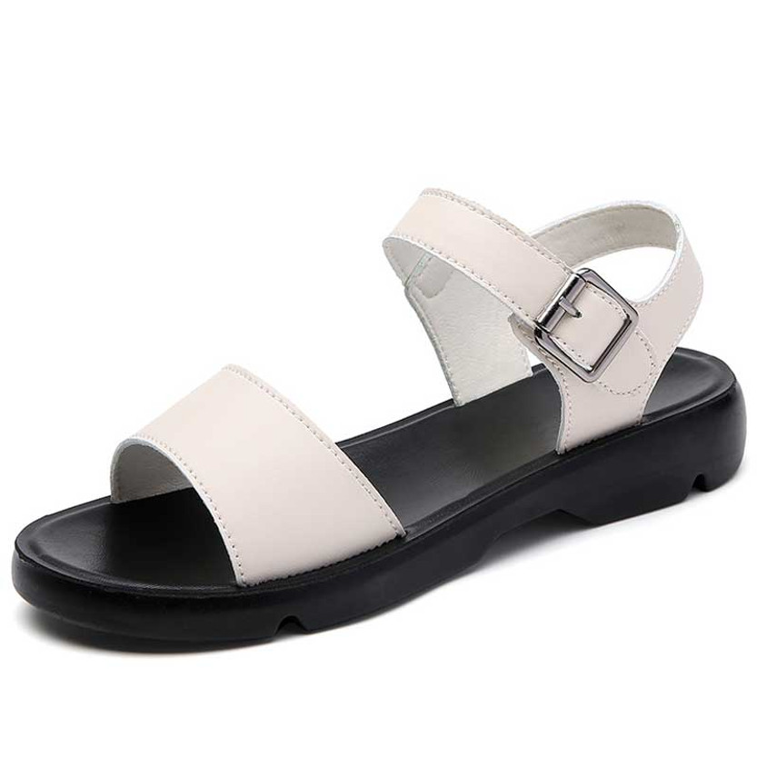 Women's beige plain open toe buckle velcro shoe sandal 01