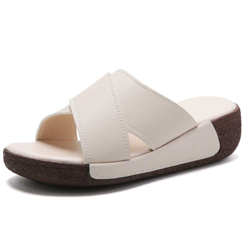 Women's beige plain open toe cross vamp slip on shoe sandal 01
