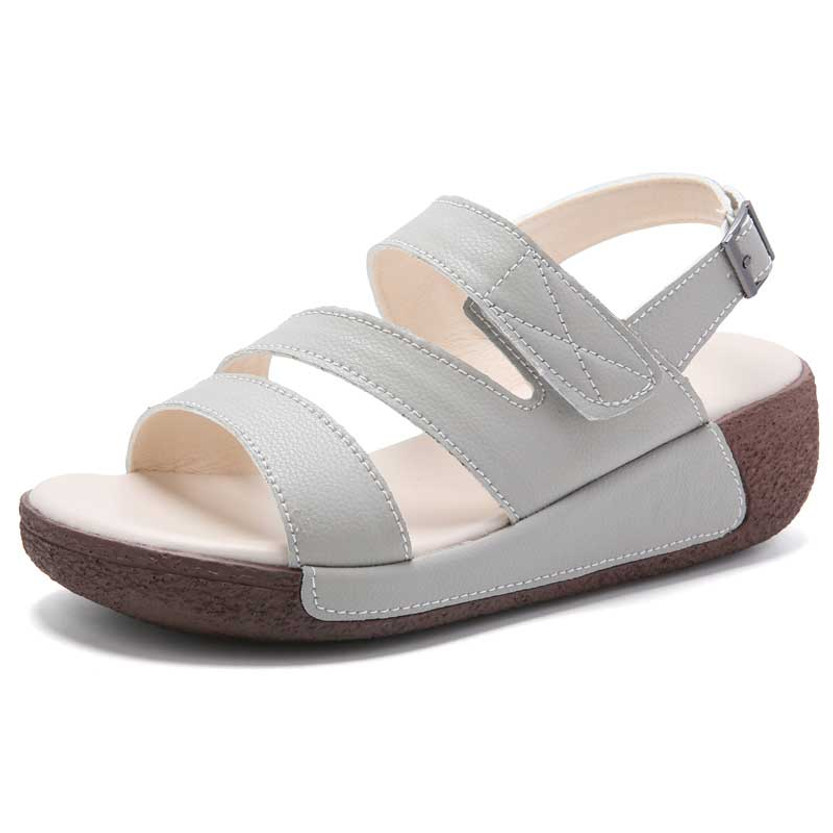 Women's grey open toe cut out buckle velcro slip on shoe sandal 01