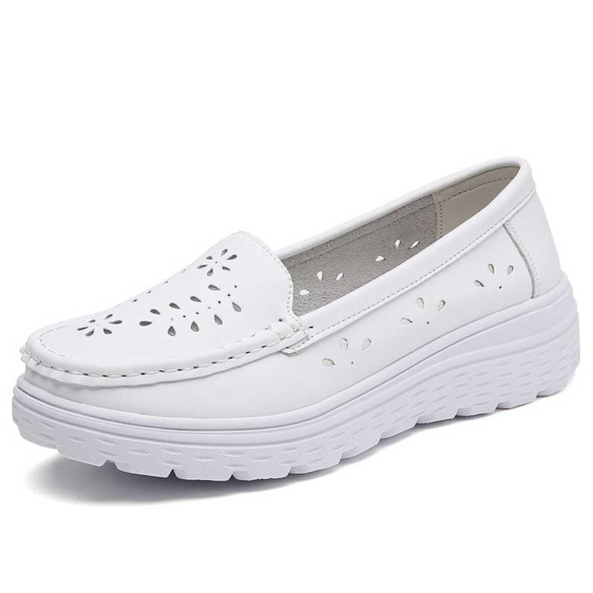 Women's white plain pattern hollow out slip on shoe loafer 01