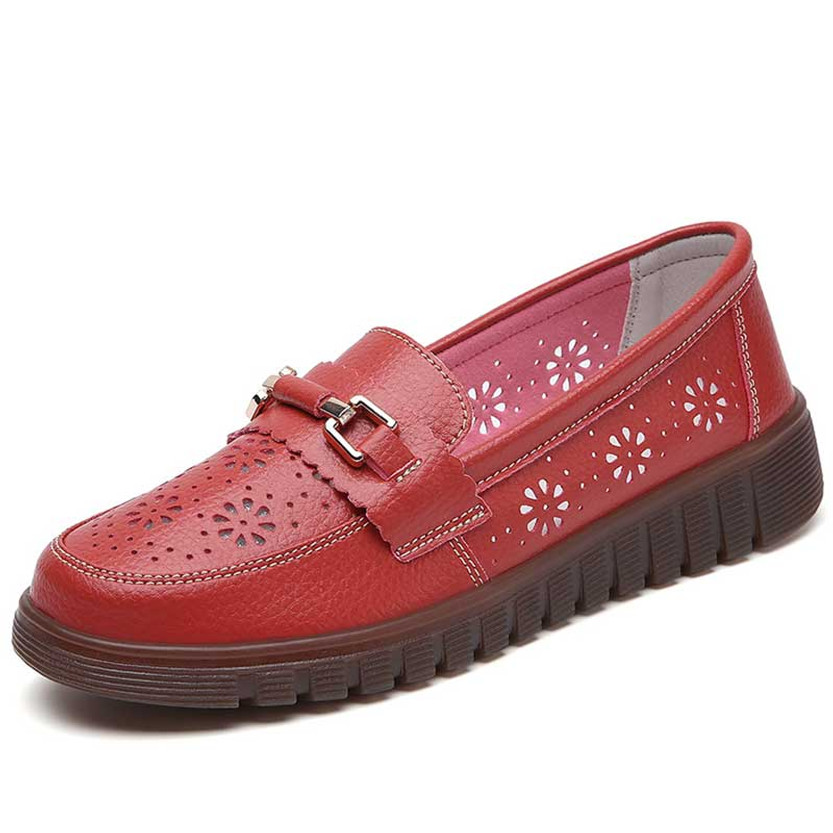 Women's red hollow floral metal buckle slip on shoe loafer 01