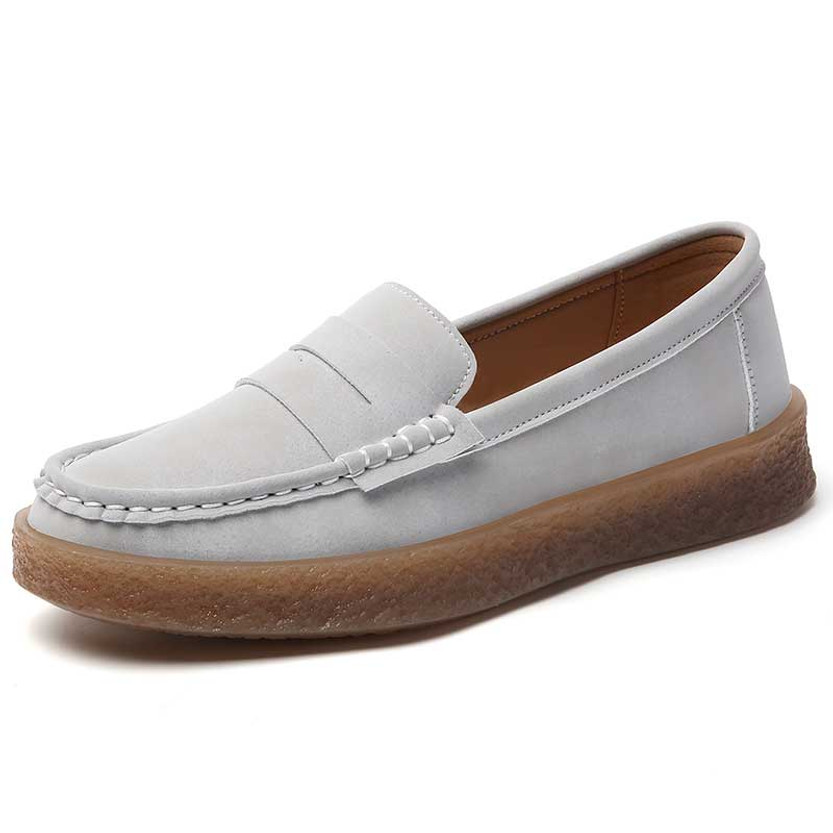 Women's grey nubuck penny strap slip on shoe loafer 01