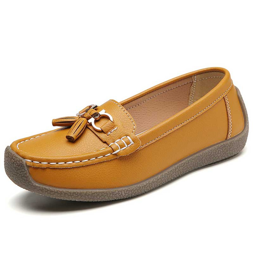 Women's yellow metal buckle tassel on top slip on shoe loafer 01
