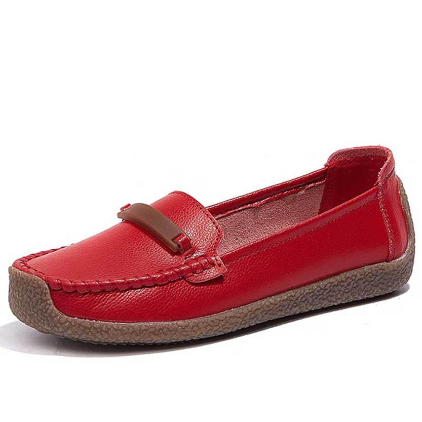 Women's red casual buckle accents slip on shoe loafer 01