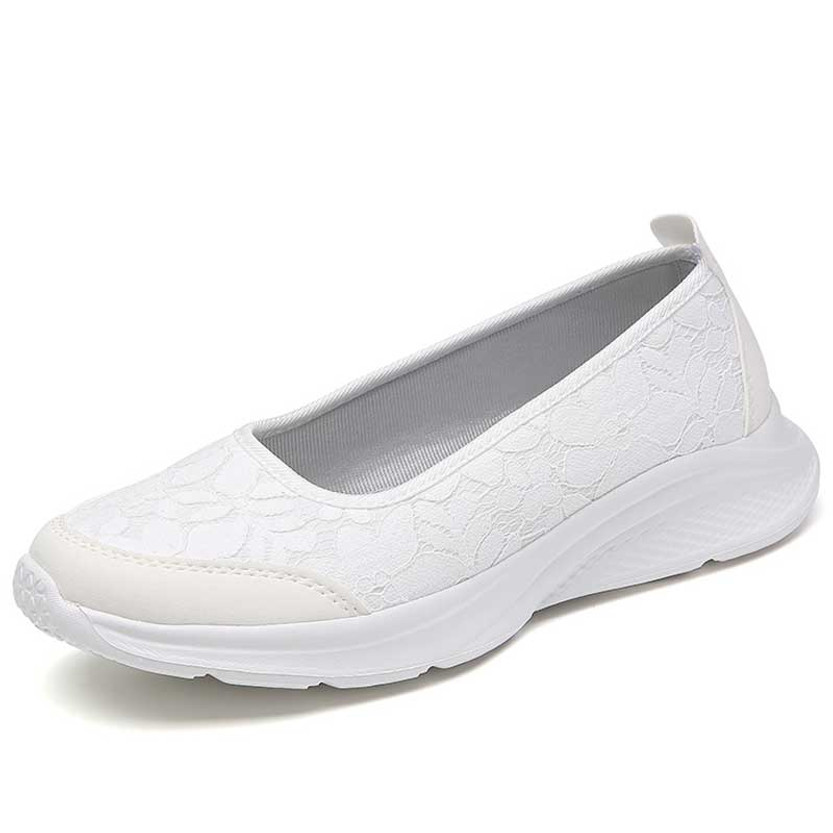 Women's beige white knit floral lace pattern low cut slip on shoe sneaker 01