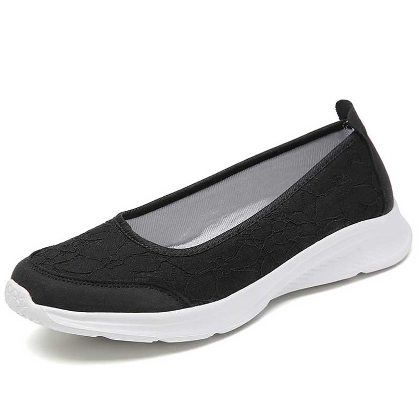 Women's black white knit floral lace pattern low cut slip on shoe sneaker 01