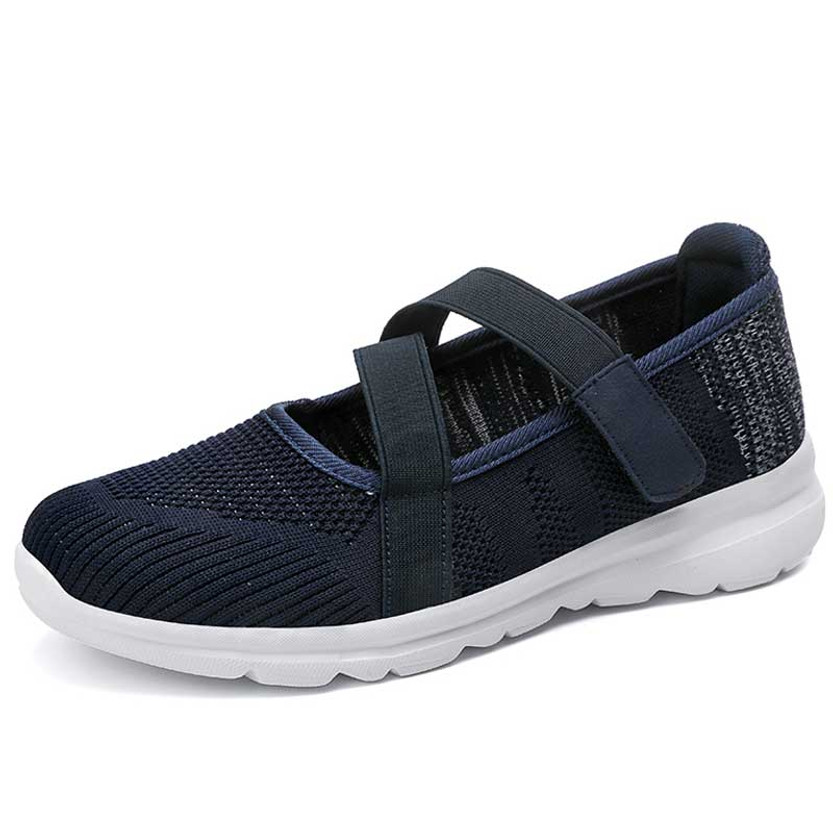Women's navy flyknit velcro stretch strap low cut slip on shoe sneaker 01