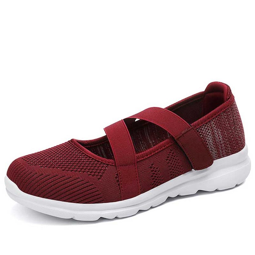 Women's burgundy flyknit velcro stretch strap low cut slip on shoe sneaker 01