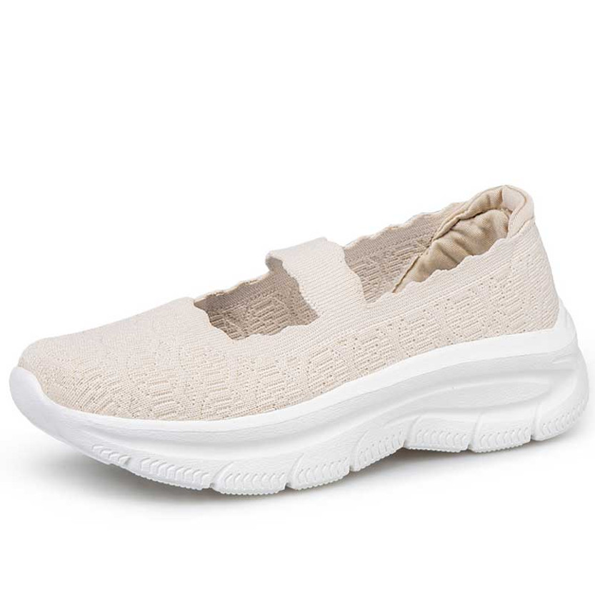 Women's beige flyknit low cut pattern accents slip on shoe sneaker 01