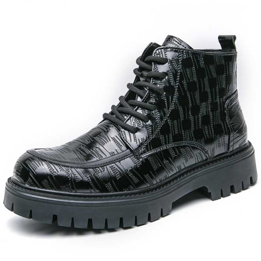 Men's black retro check stripe accents side zip lace up shoe boot 01