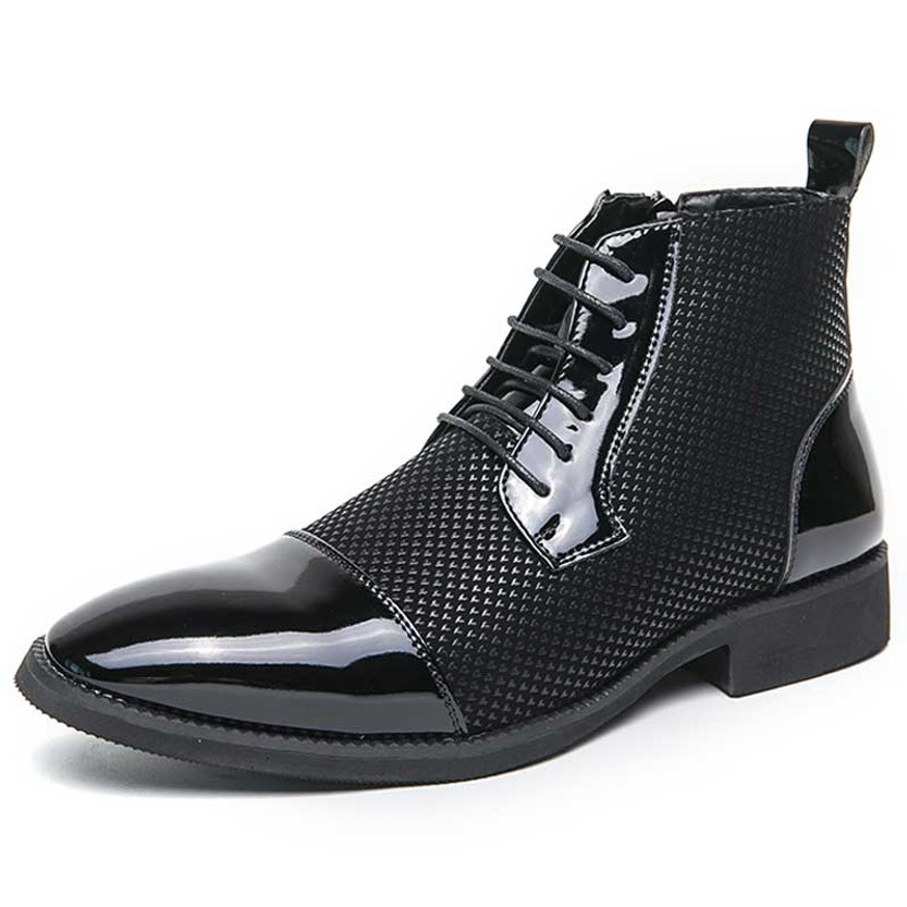Men's black retro patent cap point toe side zip lace up shoe boot 01