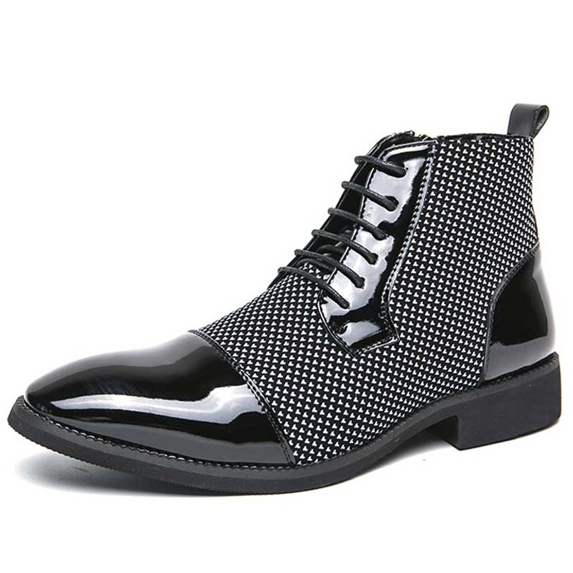 Men's black white retro patent cap point toe side zip lace up shoe boot 01