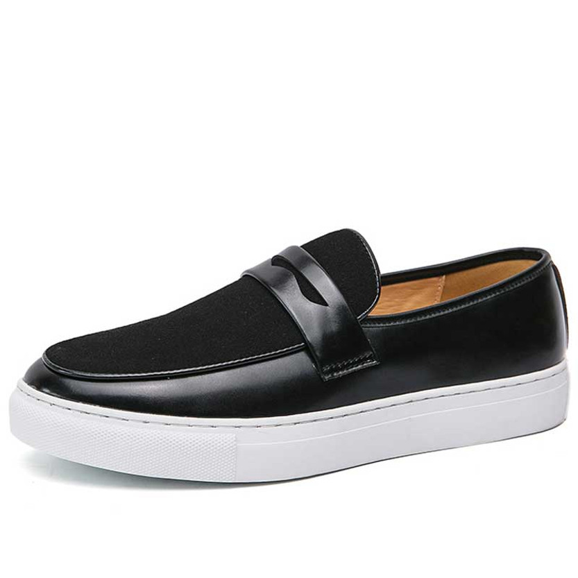 Men's black suede leather penny strap slip on shoe loafer 01