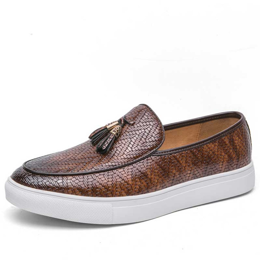 Men's brown weave pattern accents tassel slip on shoe loafer 01