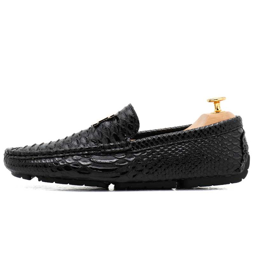 Men's black snake skin pattern metal buckle slip on shoe loafer 01