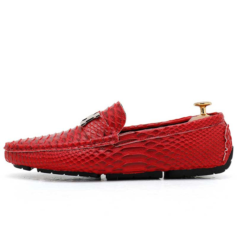 Men's red snake skin pattern metal buckle slip on shoe loafer 01