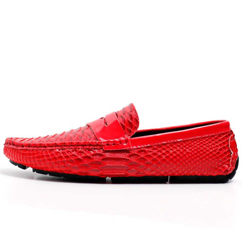 Men's red snake skin pattern penny strap slip on shoe loafer 01