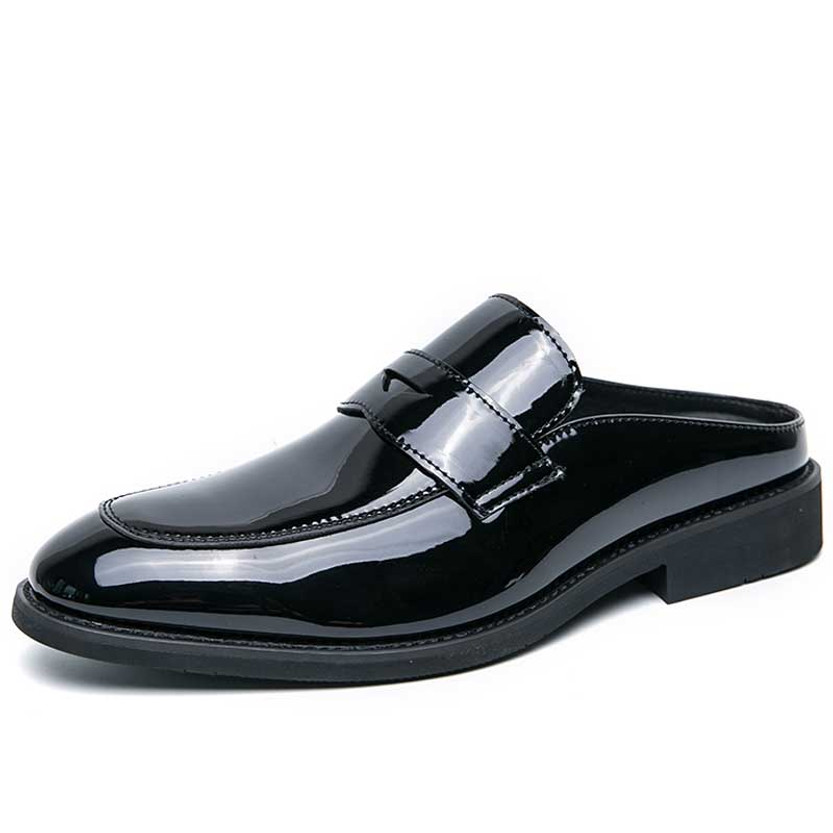 Men's black retro penny strap patent slip on shoe mule 01