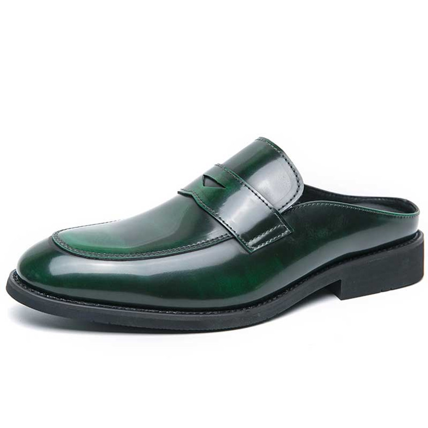 Men's green retro penny strap patent slip on shoe mule 01