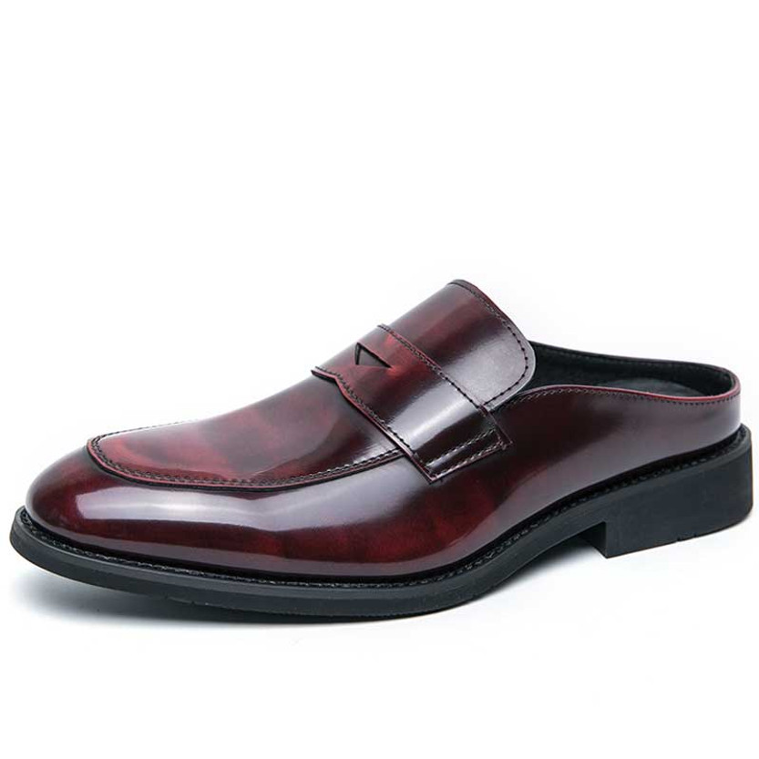 Men's red retro penny strap patent slip on shoe mule 01