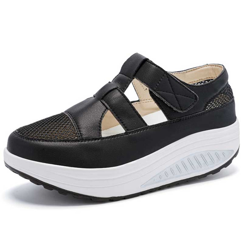 Women's black hollow & cut out velcro slip on rocker bottom shoe 01