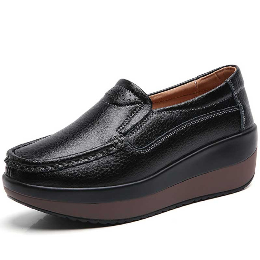Women's black sewn thread accents slip on rocker bottom shoe 01