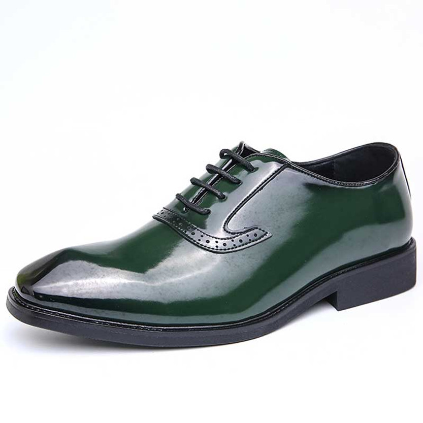 Men's green pattern leather brogue square toe oxford dress shoe 01