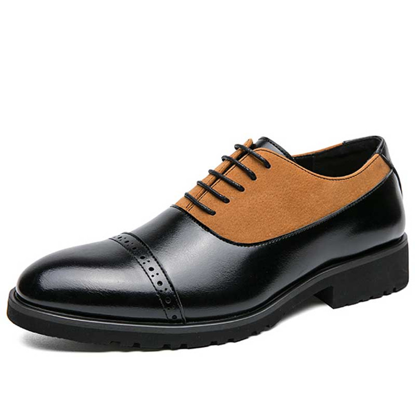 Men's black retro two tone brogue cap toe oxford dress shoe 01