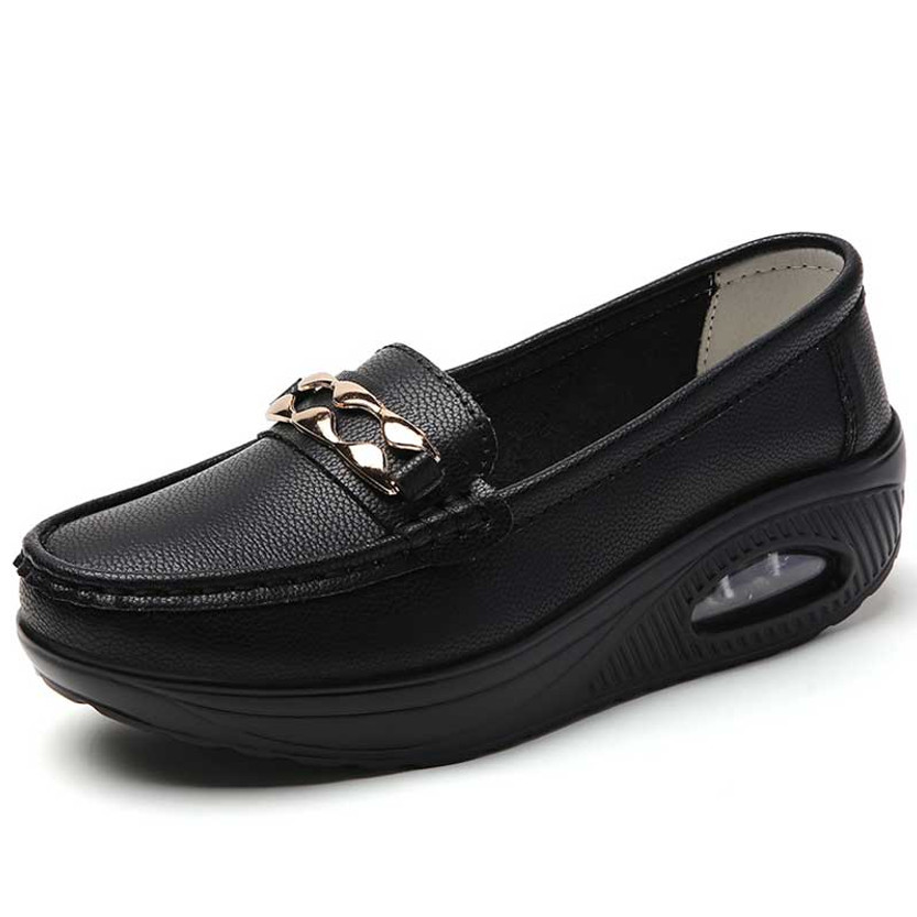 Women's black metal buckle slip on rocker bottom shoe 01