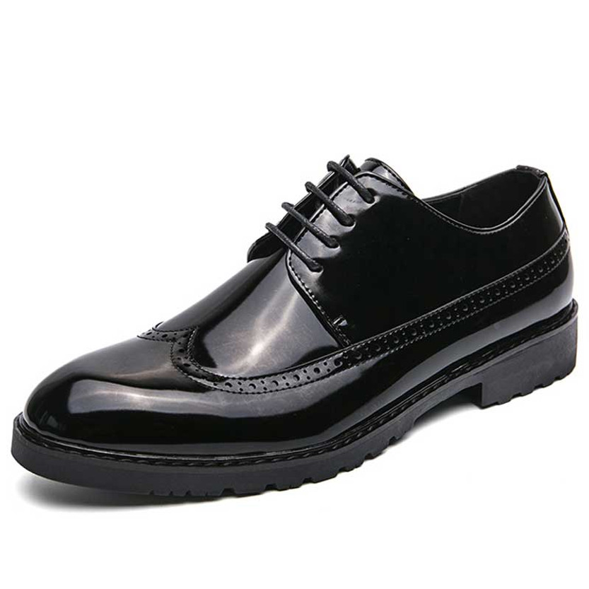 Men's black retro long wing brogue derby dress shoe 01