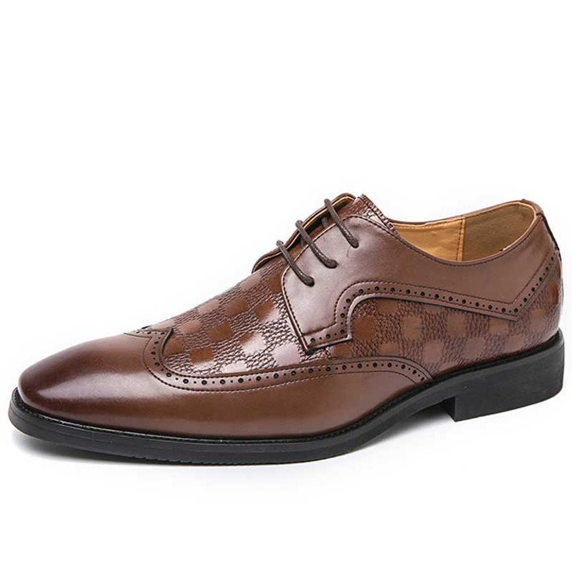Men's brown check pattern wingtip brogue derby dress shoe 01