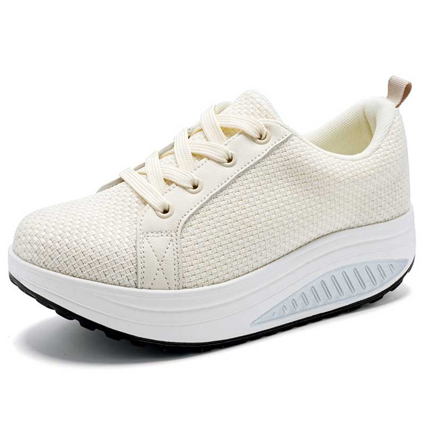 Women's beige weave accents lace up rocker bottom shoe sneaker 01