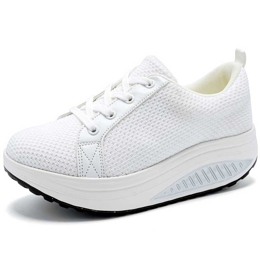 Women's white weave accents lace up rocker bottom shoe sneaker 01