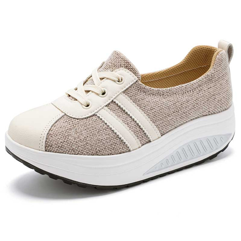 Women's beige stripe block lace accents rocker bottom shoe sneaker 01