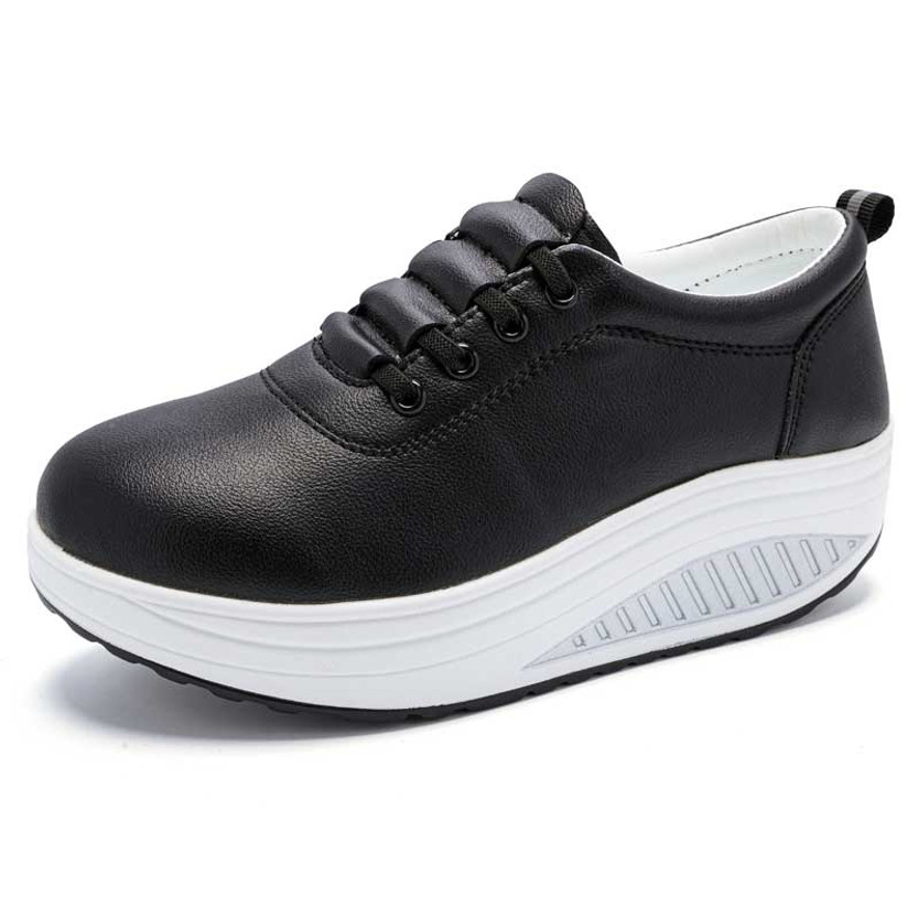 Women's black plain lace accents rocker bottom shoe sneaker 01