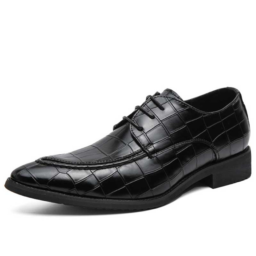 Men's black retro croc skin pattern point toe derby dress shoe 01