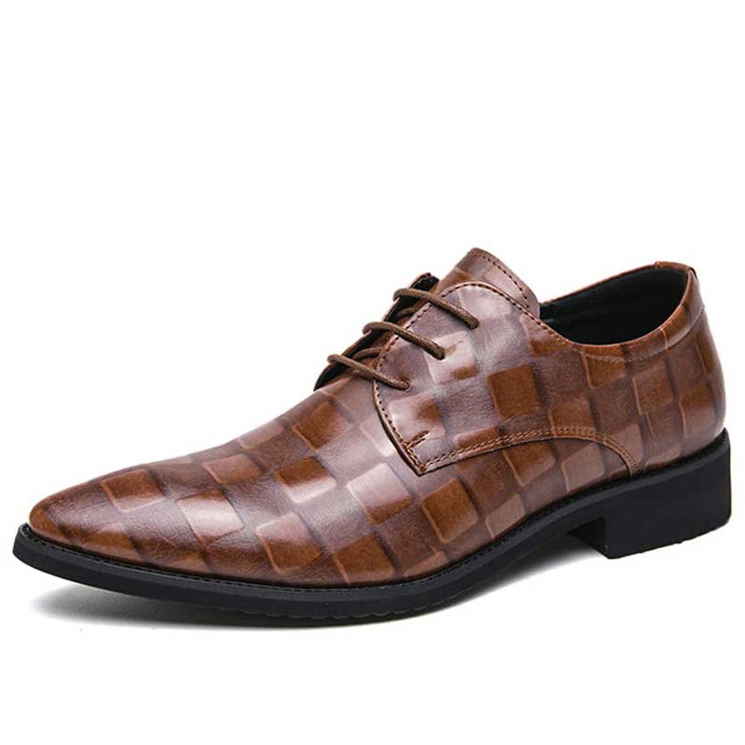 Men's brown retro check pattern point toe derby dress shoe 01