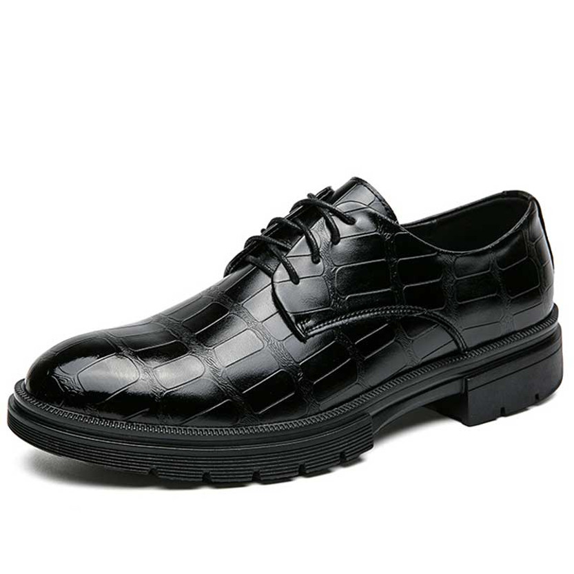 Men's black retro crocodile skin pattern derby dress shoe 01