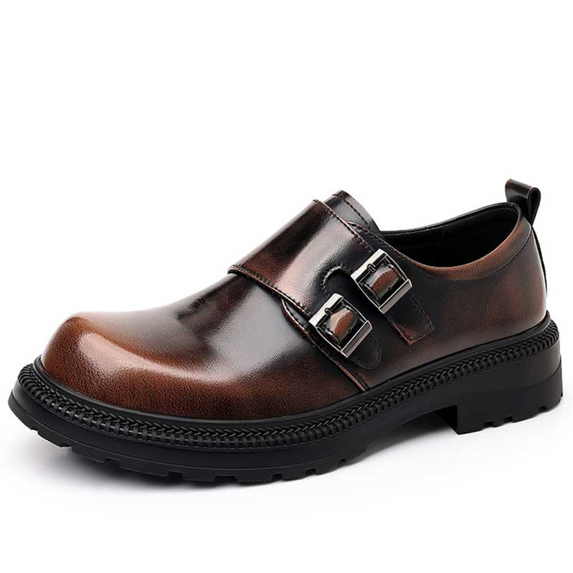 Men's brown retro curved toe monk strap slip on dress shoe 01