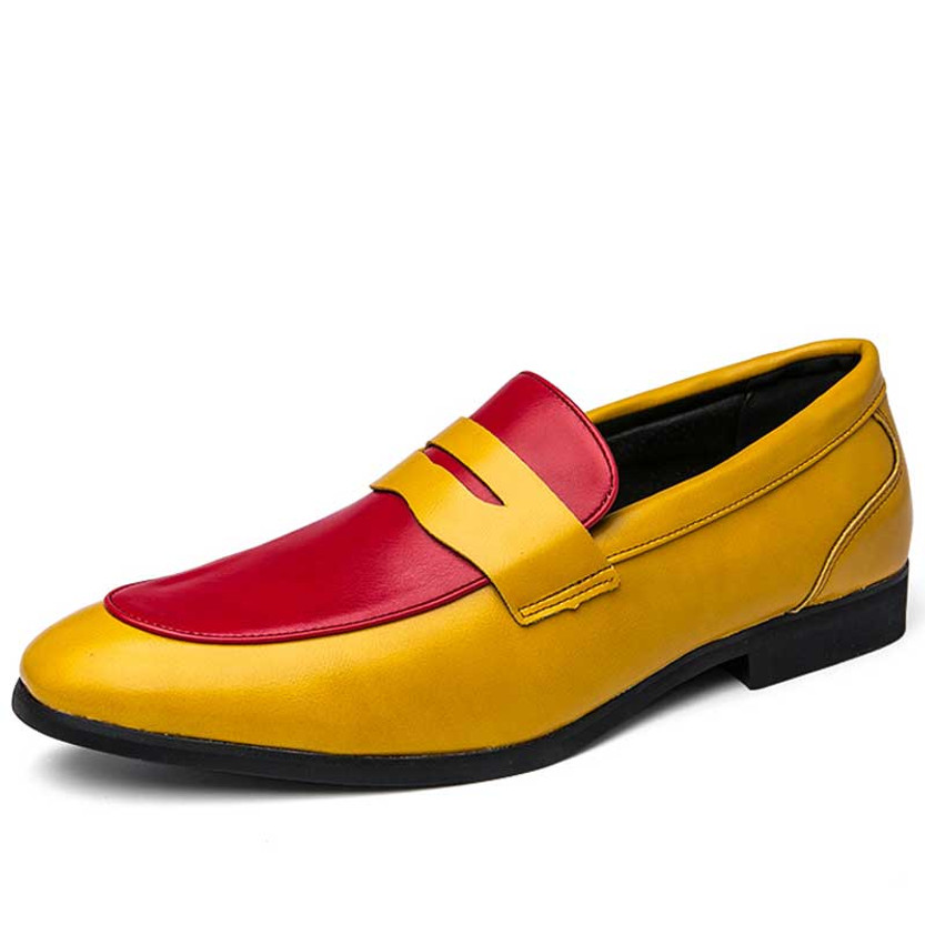 Men's yellow red two tone penny strap slip on dress shoe 01