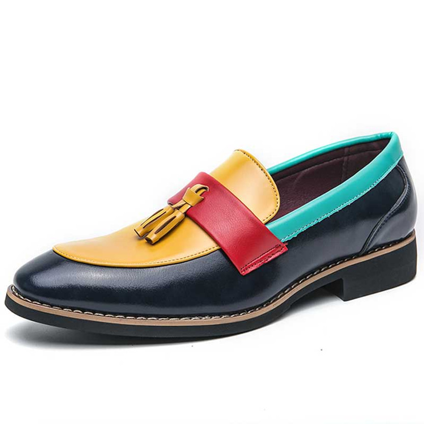Men's yellow blue retro top tassel multi tone slip on dress shoe 01