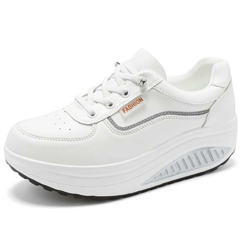 Women's white stripe accents lace free rocker bottom shoe sneaker 01