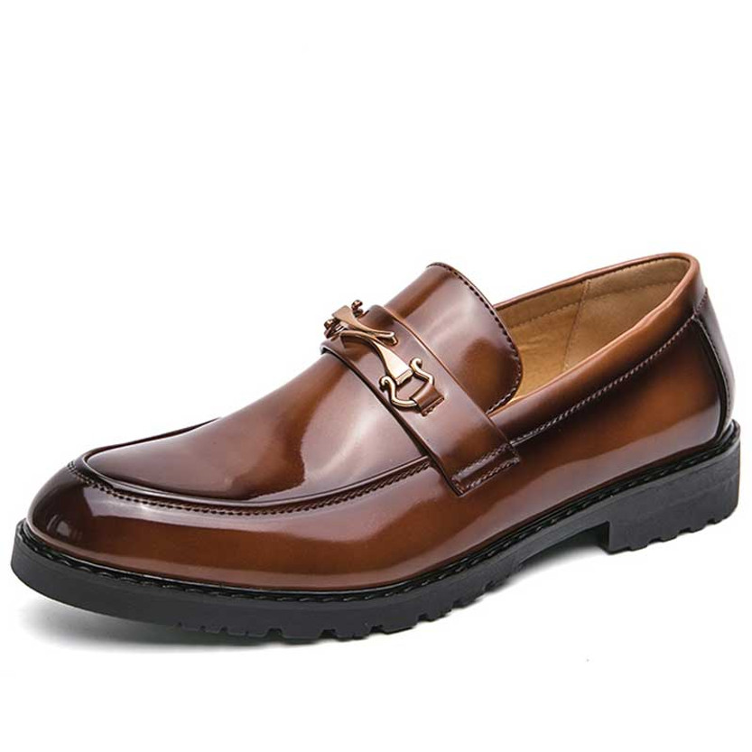 Men's brown retro metal buckle on top slip on dress shoe 01