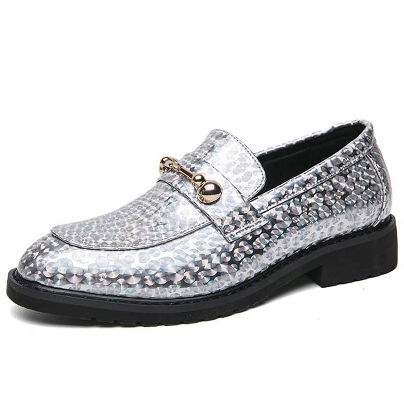 Men's silver pattern accents metal buckle on top slip on dress shoe 01