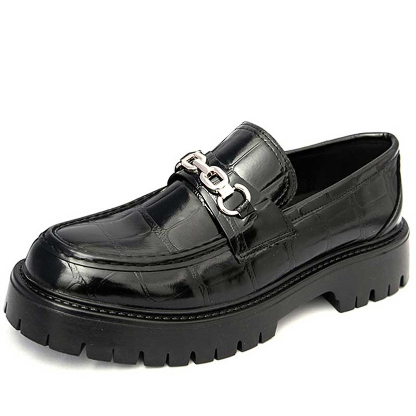 Men's black croc skin pattern metal buckle thick sole slip on dress shoe 01