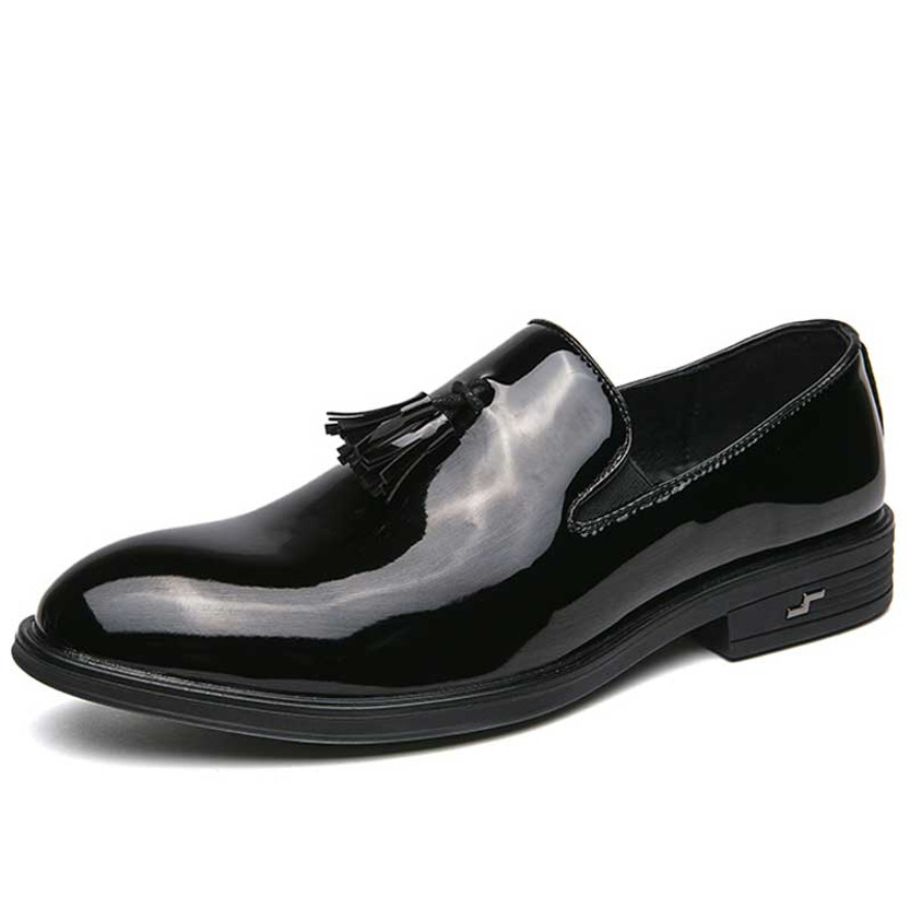 Men's black plain patent tassel on top slip on dress shoe 01
