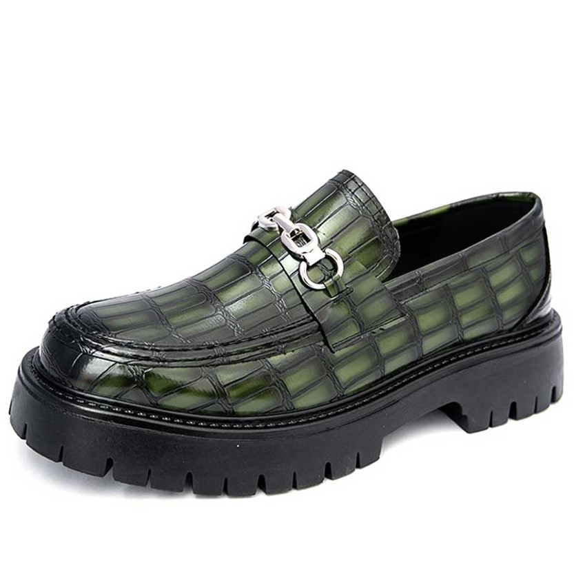 Men's green croc skin pattern metal buckle thick sole slip on dress shoe 01