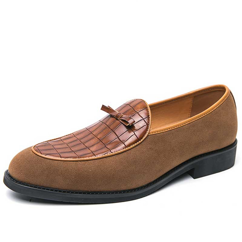 Men's brown croc skin pattern bow tie on top slip on dress shoe 01