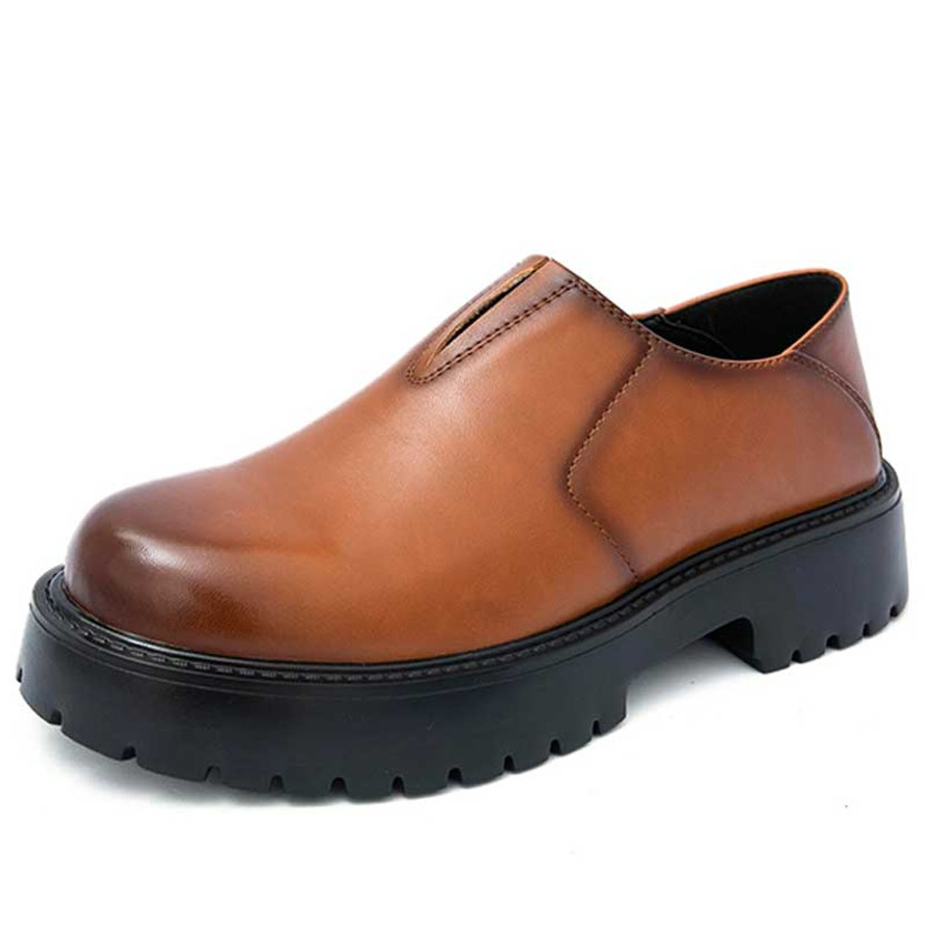 Men's brown retro curved toe thick sole slip on dress shoe 01
